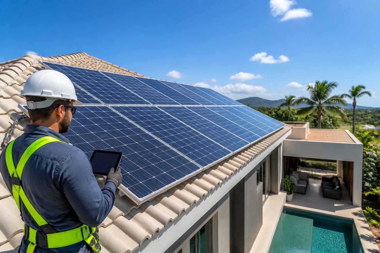 Técnico inspecionando painéis solares fotovoltaicos instalados no telhado de uma residência